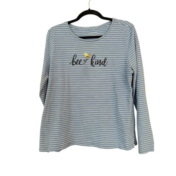 Talbots Striped Bee Kind Shirt Top Embroidered L 100% Cotton Summer Comfy Soft - Picture 1 of 9